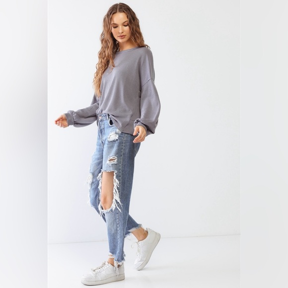 New Gilli Waffle Knit Long Sleeve Back Wrap Cut-Out Vintage Denim Style Top - Picture 4 of 5